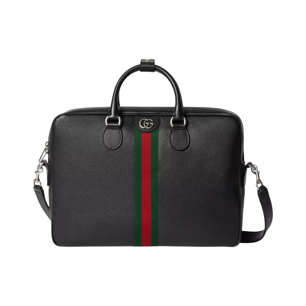 Ophidia with Red Green Web Large Briefcase Leather Bag Black