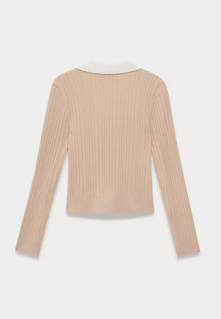 Contrast Collar Ribbed Pocket Cardigan - Beige