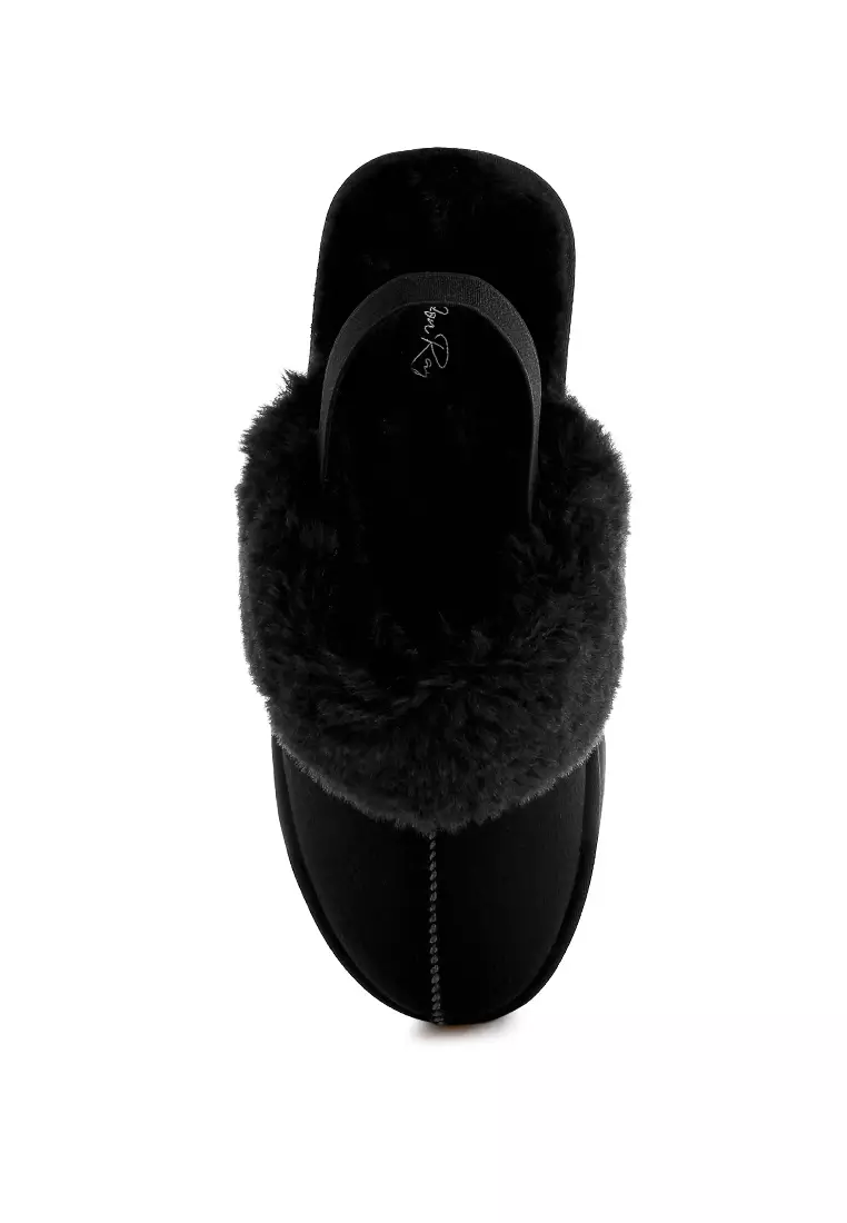 Faux Fur Trim Platform Classic Slingback in Black