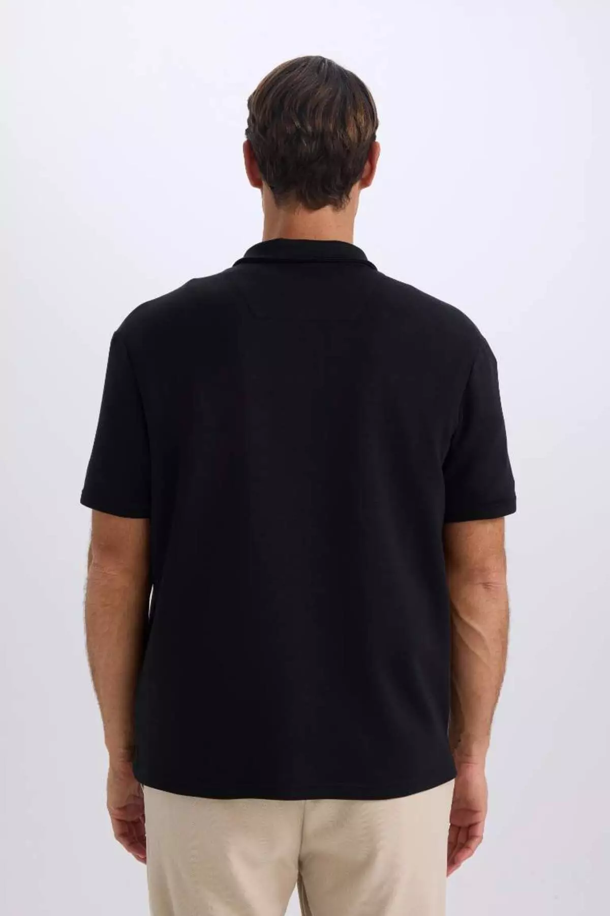 Regular Fit Stand Collar Half Zip Heavy Fabric Short Sleeve Black T-Shirt B6502Ax25Sp