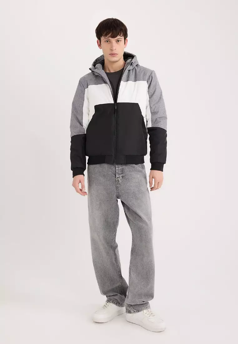 Color Block Hooded Fleece Puffer Jacket