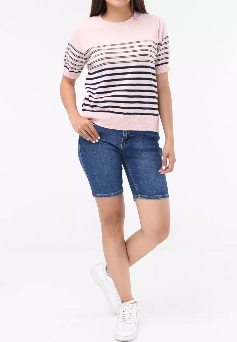 Knitted Stripes Short Sleeve Blouse