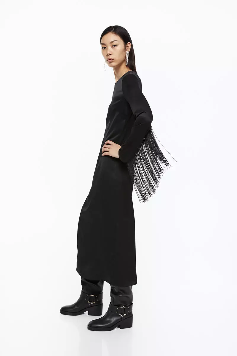 Fringe-trimmed satin dress