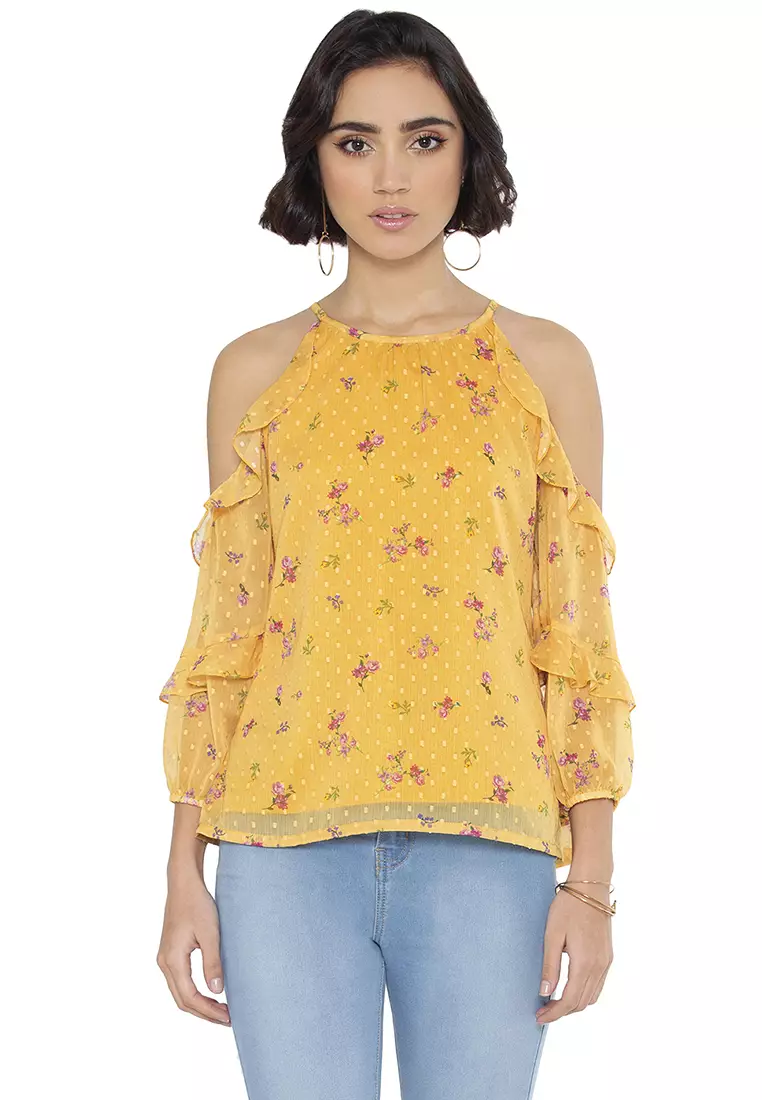 Floral Ruffled Cold Shoulder Top