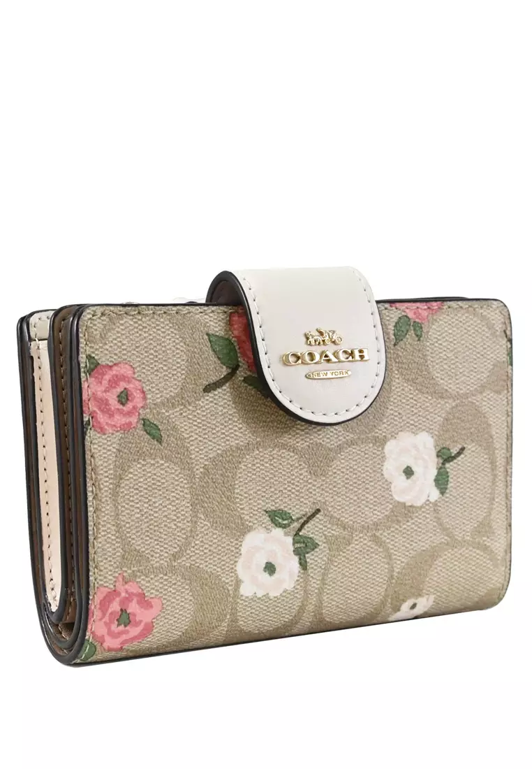 Medium Corner Zip Wallet In Signature Canvas With Floral Print - Light Brown