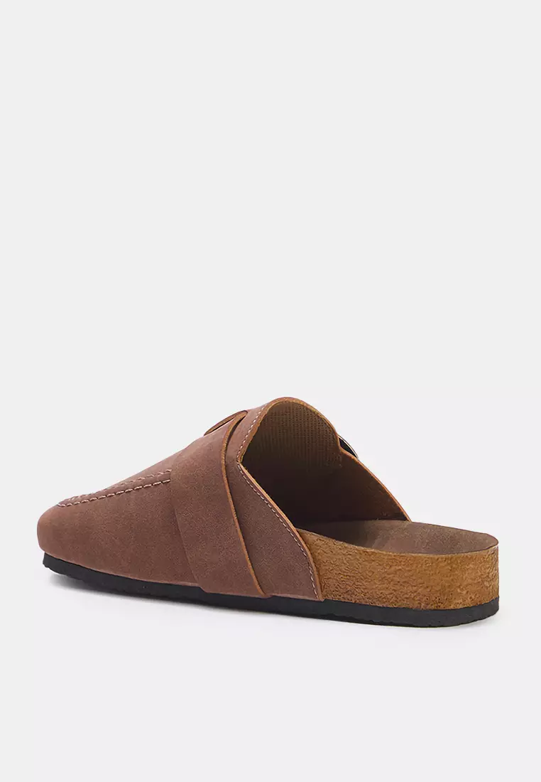 Light Brown Closed Front Belt Buckle Square Toe Flat Women's Sabo Slippers Takss25Te00000
