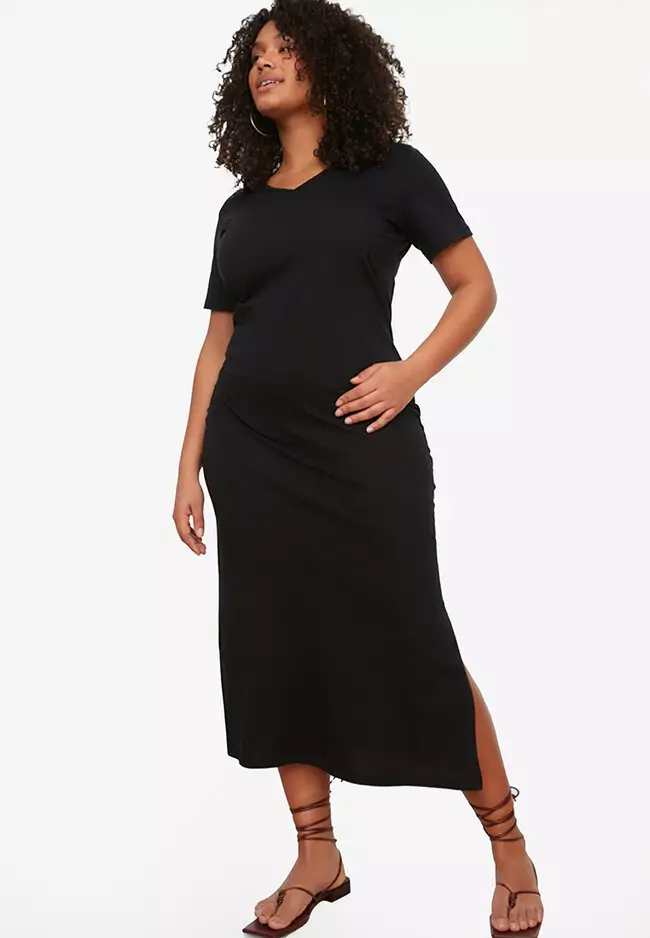 Plus Size V Neck Slit Dress