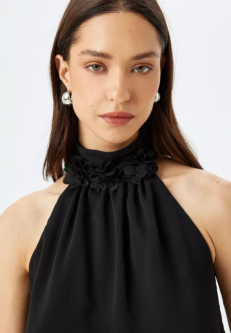 Halter Neck Blouse With Flower Applique Detail