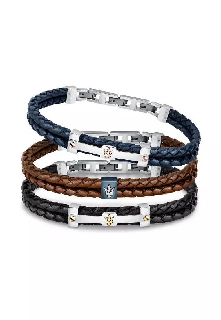 Maserati Jewels 220mm Men's Leather Stainless Steel Bracelet, Brown, JM422AVE14 (Adjustable)