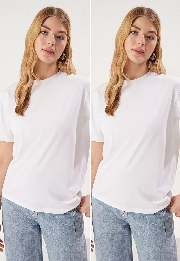 White-White 2-Pack 100% Cotton Basic Stand Collar Knitted T-Shirt TWOSS20TS1500