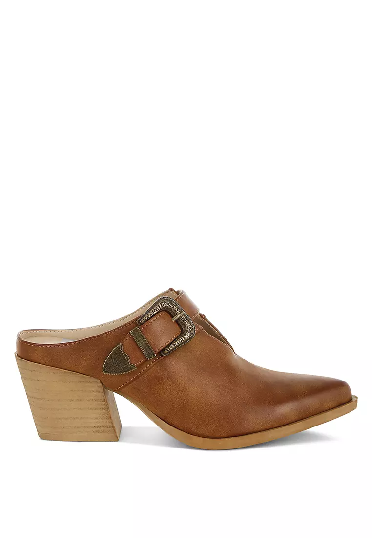 Carved Buckle Statement Mules in Tan
