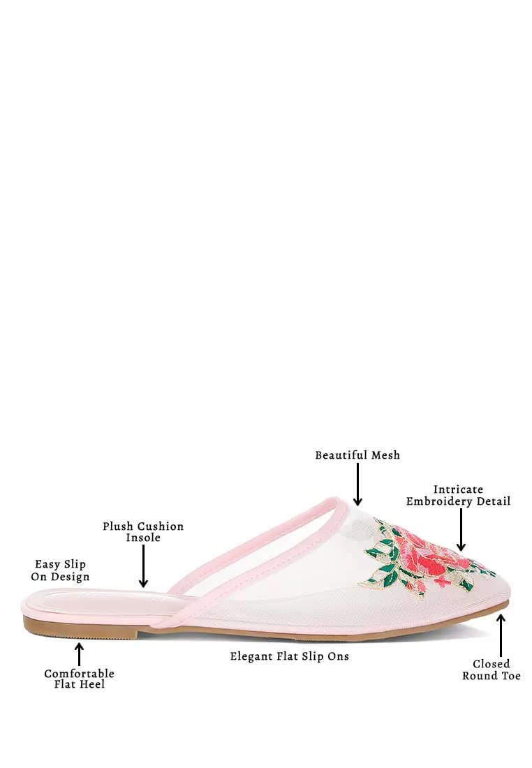 Floral Embroidered Mesh Mules in Pink