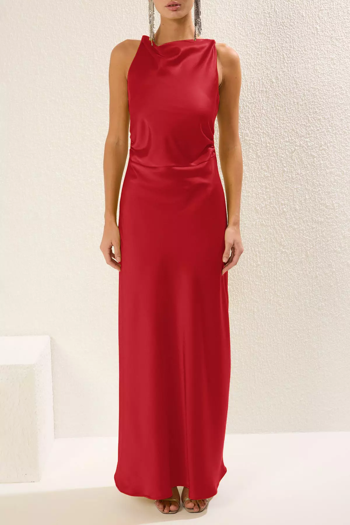 Red Bodycon Satin Woven Maxi Evening Prom Dress TPRSS25AE00066