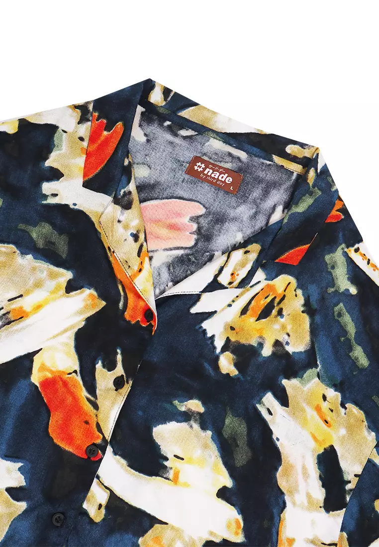 FTA53 LKM Kemeja Oversize Wanita Tangan Pendek Abstrak Navy