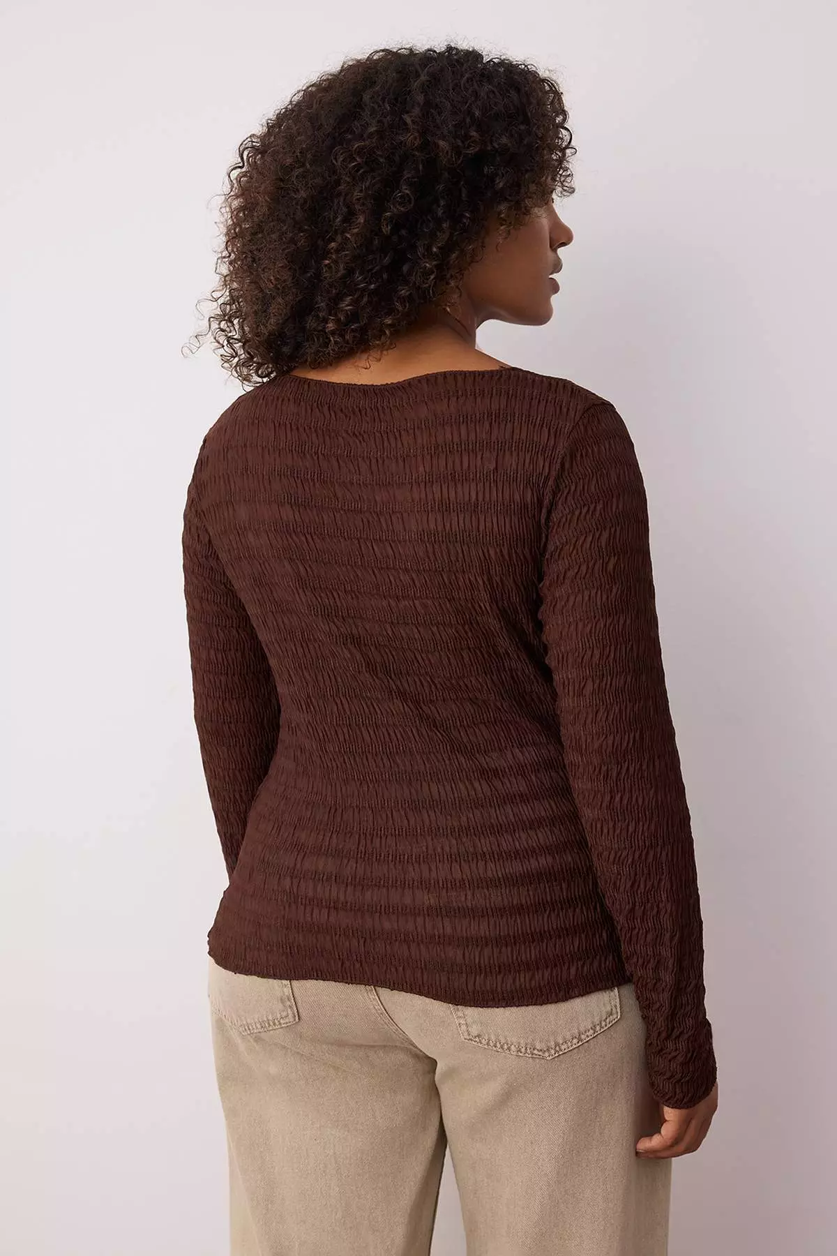 Brown Fitted/Close-Fitting Textured Tulle Stretchy Knitted Plus Size Blouse Tbbaw26Af00030