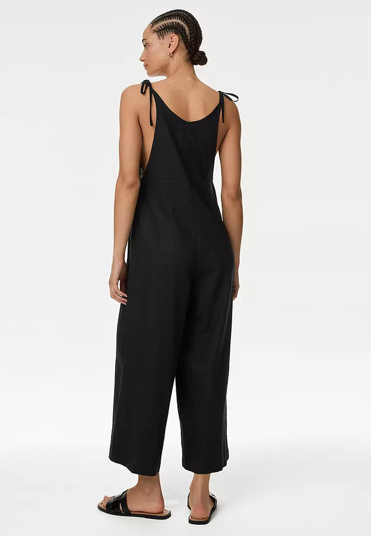 Linen Rich Wide Leg Cropped Jumpsuit