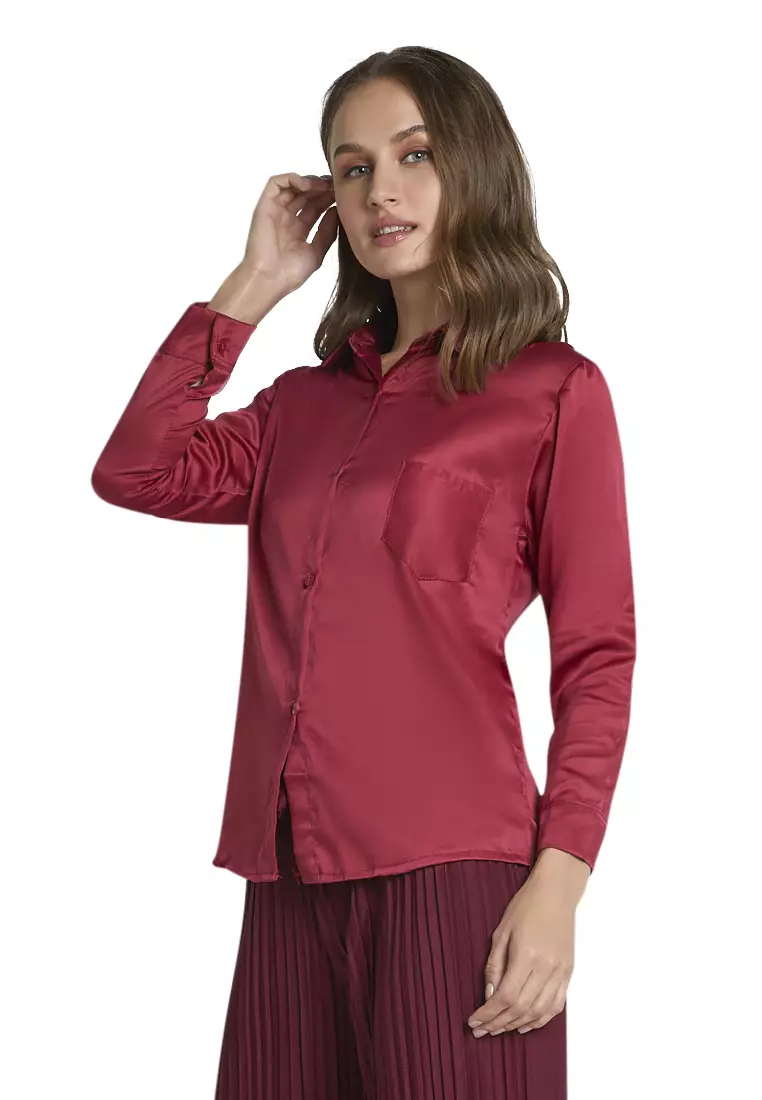 Uchenna Kemeja Lengan Panjang Shirt Plain Atasan Wanita Baju Kerja Regular Fit - Maroon