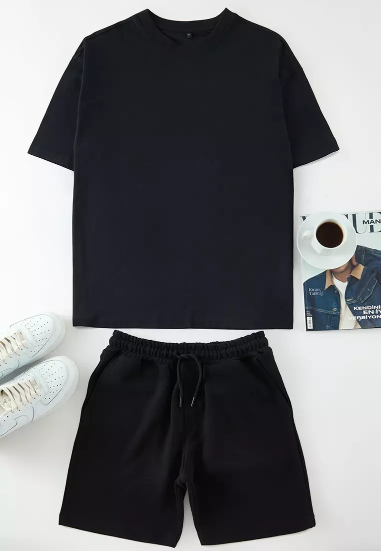 Black 3-Piece Oversize/Wide Cut T-Shirt, Sweatpants and Shorts 100% Cotton Tracksuit Set TMNSS25EM00001