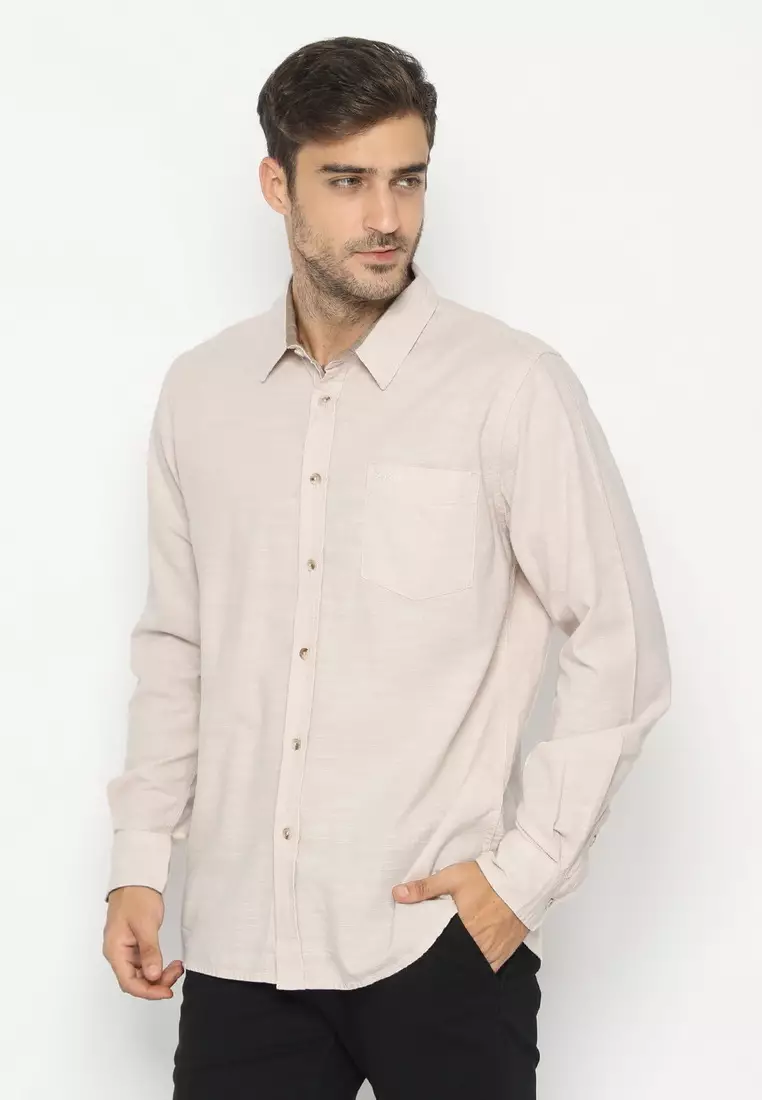 POLICE Kemeja Polos Cotton Slub Cream Regular Fit Lengan Panjang Pria