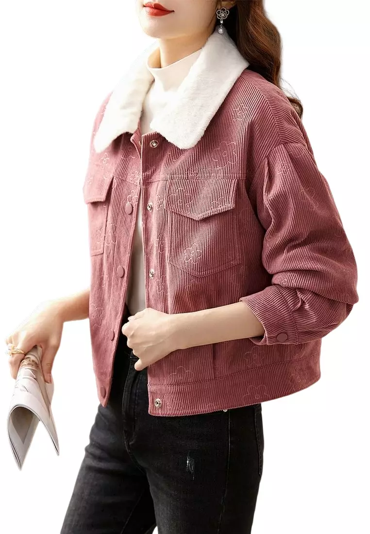 Pink corduroy jacket with fur cheap collar