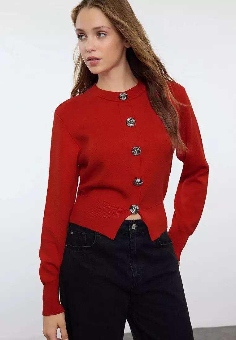 Dark Red Premium Yarn/Special Yarn Crop Rose Button Jacket Look Knitwear Cardigan Twoaw25Hi00110