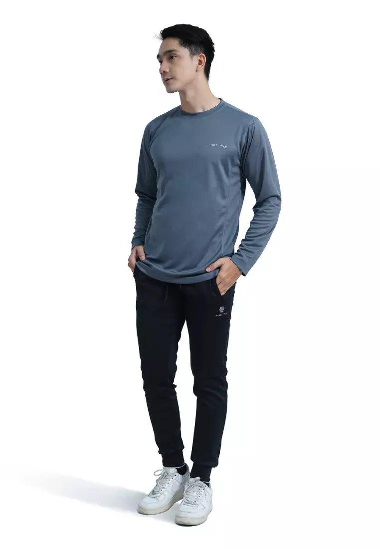 Tiento Kaos Running Dry Fit Lengan Panjang Baju Olahraga Pria Lari Gym Fitness Grey