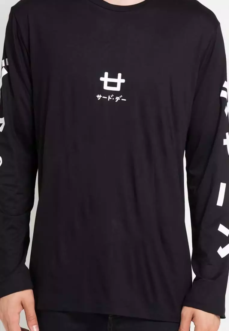MTD14B Kaos Distro Lengan Panjang Logo Midchest Japan Arm Hitam