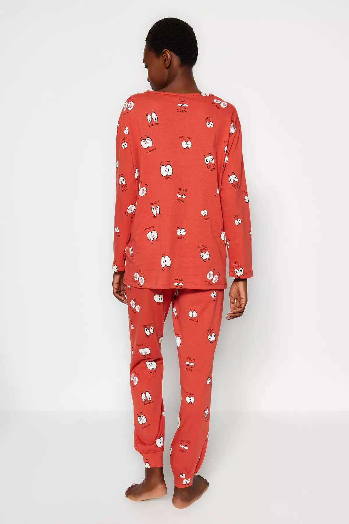 Cinnamon 100% Cotton Eye Patterned T-Shirt-Jogger Knitted Pajama Set