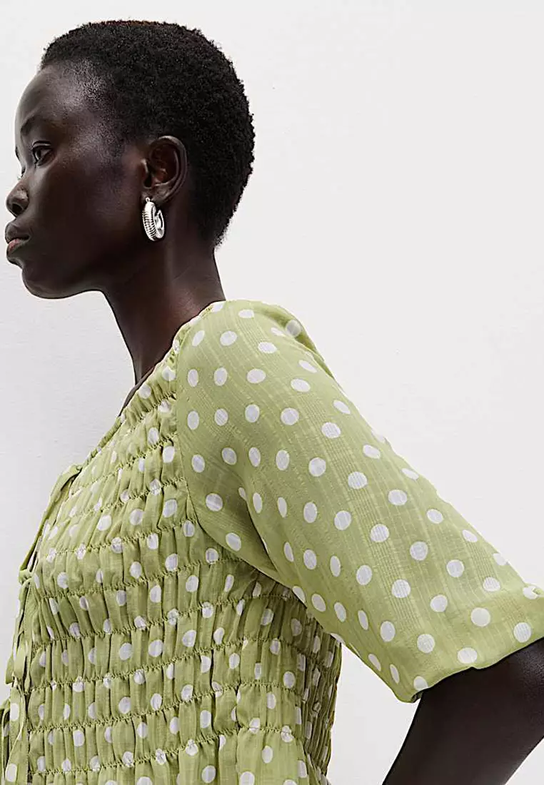 Printed Shirred Tie Detail Puff Sleeve Blouse