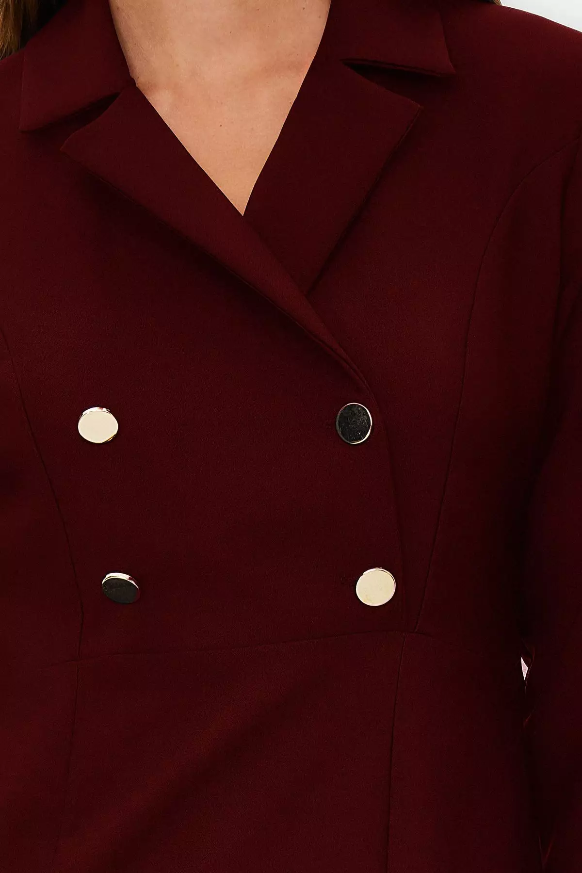 Burgundy Double Breasted Collar With Gold Button Detail Woven Dress Tctss24Eb00020