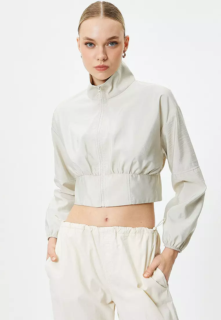 Zipper High Neck Crop Bomber Jacket