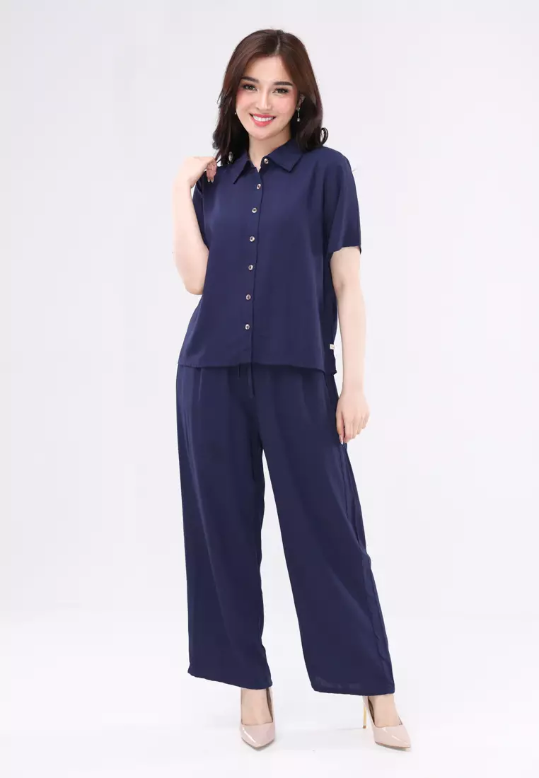 Plain Soft Linen Short Sleeves Collared Blouse/Pants