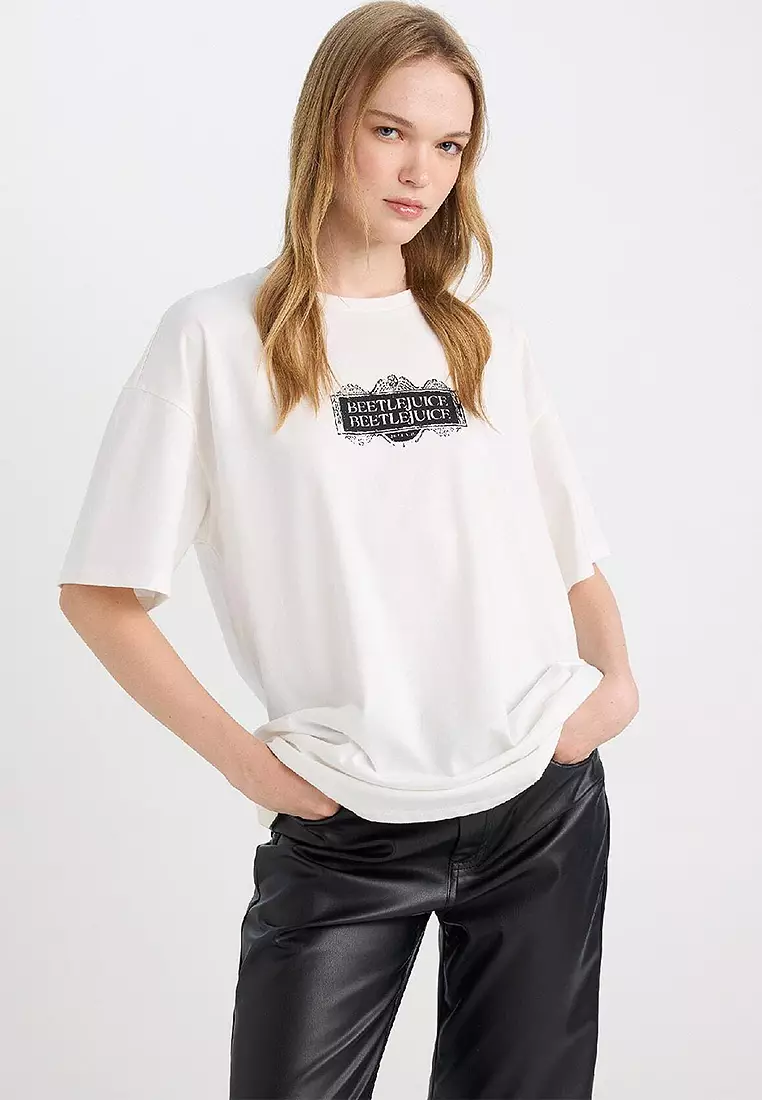 Cool Beetlejuice Oversize Wide Pattern Crew Neck Printed Short Sleeve T-Shirt