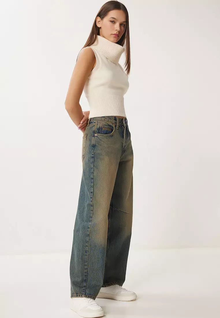 High Waist Faded Effect Baggy Jeans