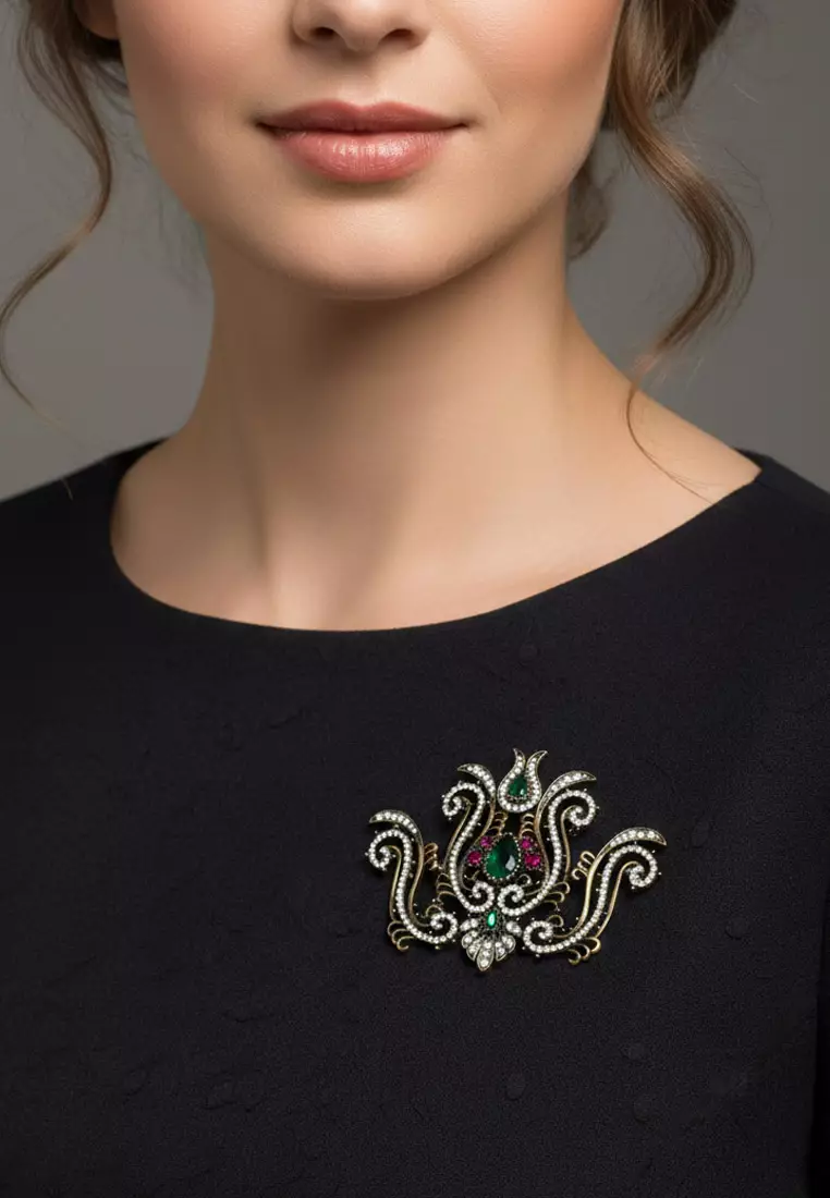 Aksesoris Bros Wanita Amyra Diamente Brooch Green & Gold