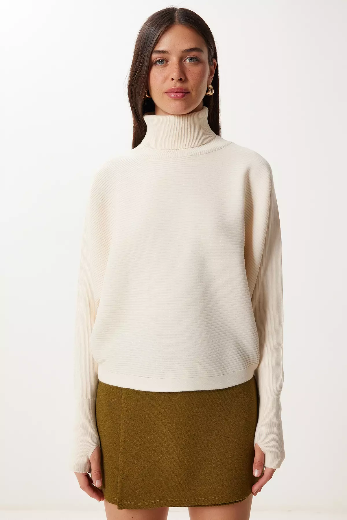 Women's Cream Finger Snap Crop Ribbed Knitwear Sweater Mx00238