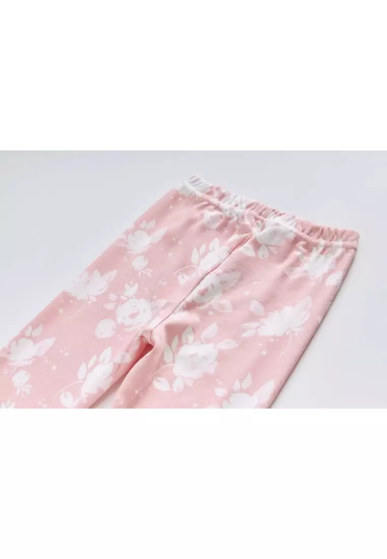 嬰兒小孩睡衣 粉白色花朵上衣及褲子套裝