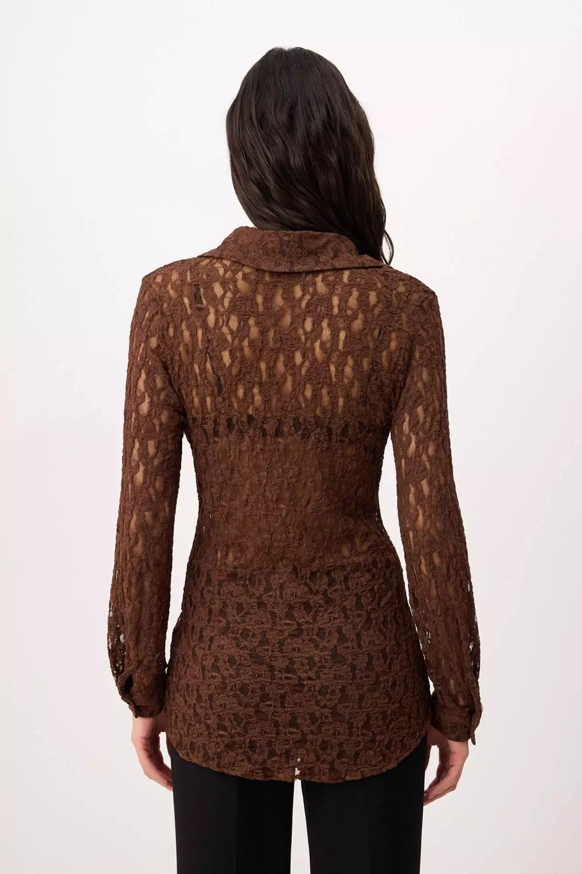 Brown Straight Fitted Shirt Collar Long Sleeve Lace Knitted Shirt Twoss26Go173