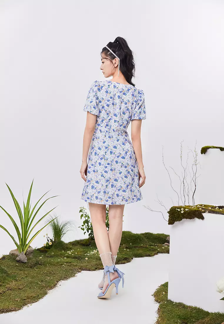 V-Neck Textured Floral Mini Dress