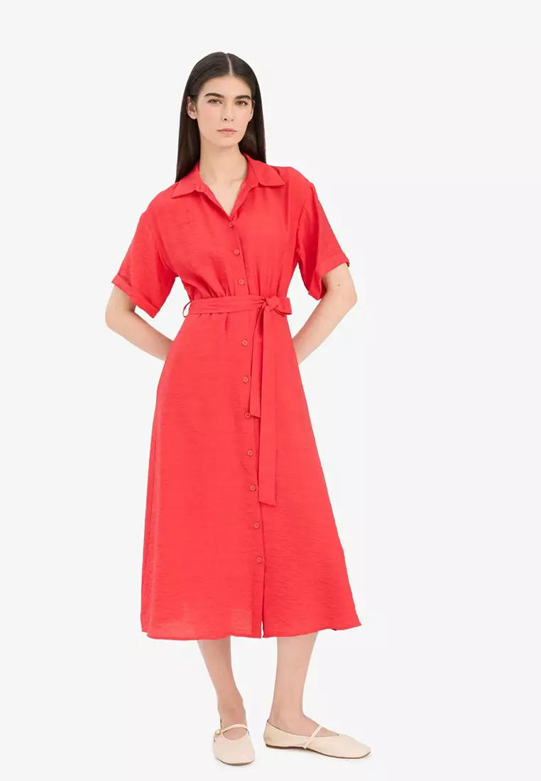 Shirt Collar Belted Short Sleeve Red Midi Summer Dress F2113Ax25Sm