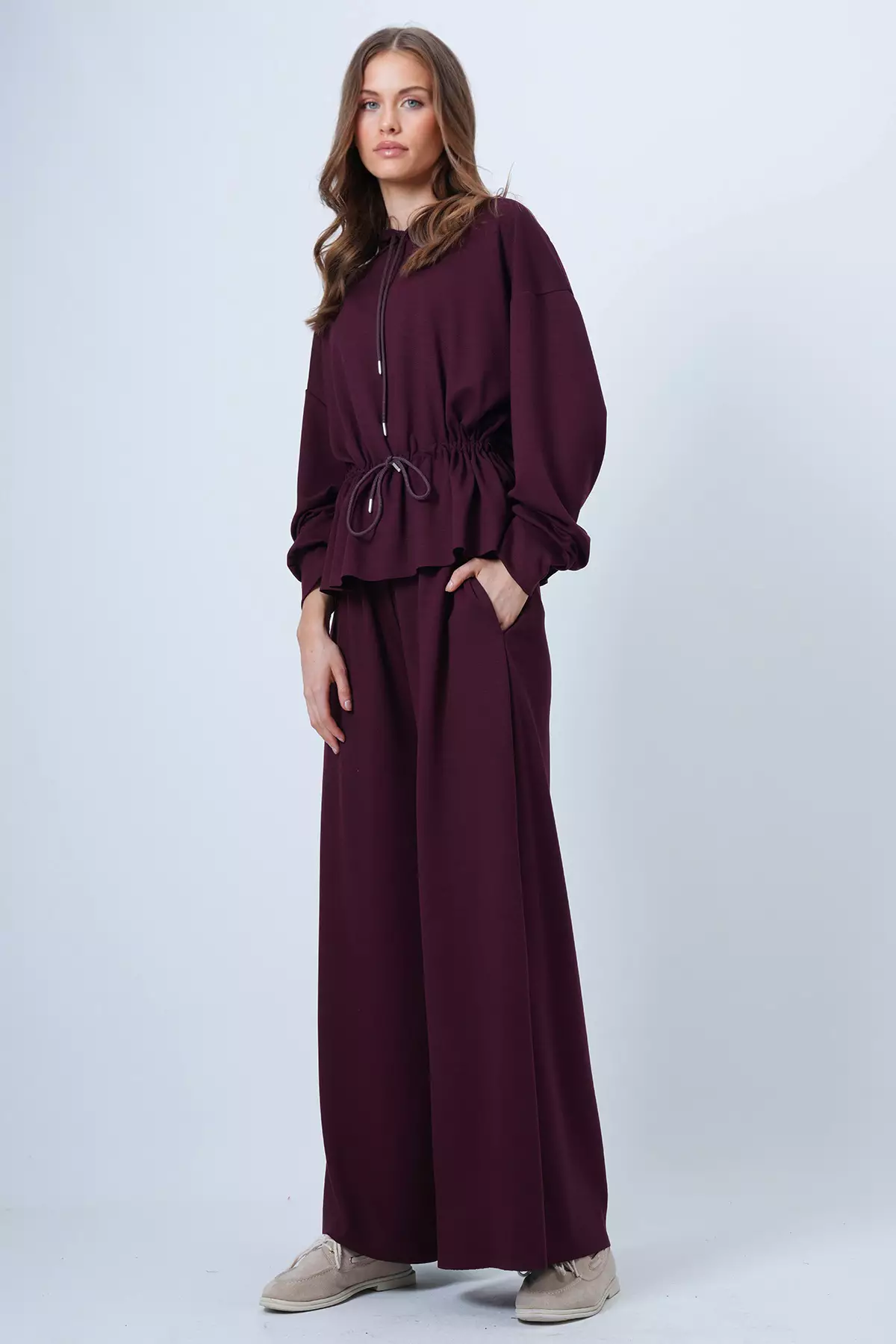 Burgundy Hooded Drawstring Waist Modal Blouse And Pants Set Alc-X14668
