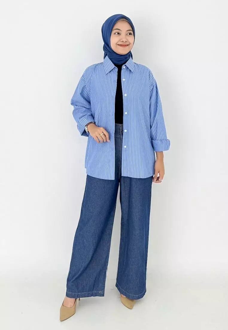 Oversized Cotton Stripe Shirt (Kemeja Katun Wanita) LD 120 cm - Biru Muda