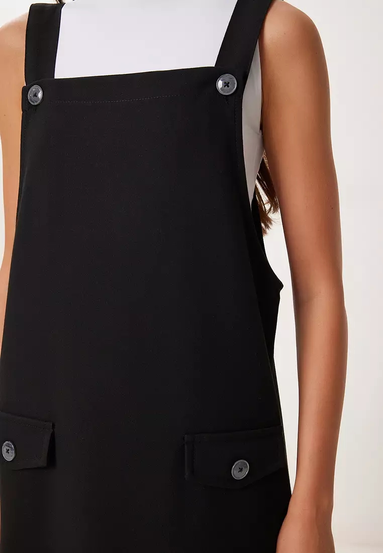 Women's Black Mini Woven Salopet Dress Mx00208
