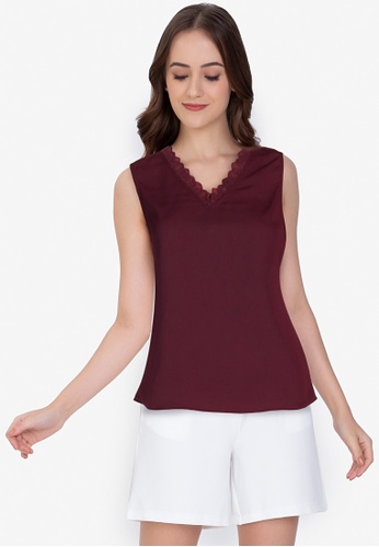 ZALORA WORK red V Neck Lace Detail Sleeveless Top D437AAA7769F6DGS_1