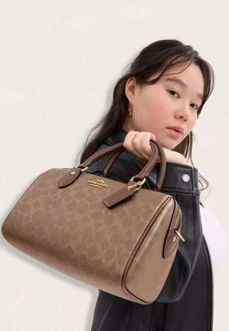 Coach Rowan Satchel Bag In Signature Canvas Tan Brown