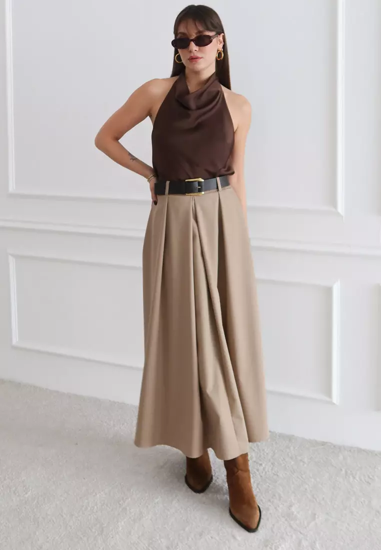 Beige Belted A-Line Flared Woven Maxi Long Skirt Twoaw26Et168