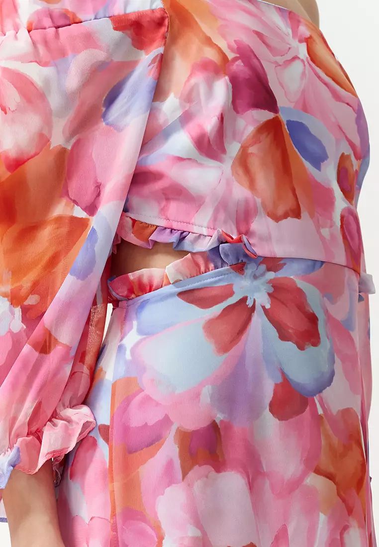 Pink Floral Patterned A-Line Carmen Collar Chiffon Lined Maxi Woven Dress