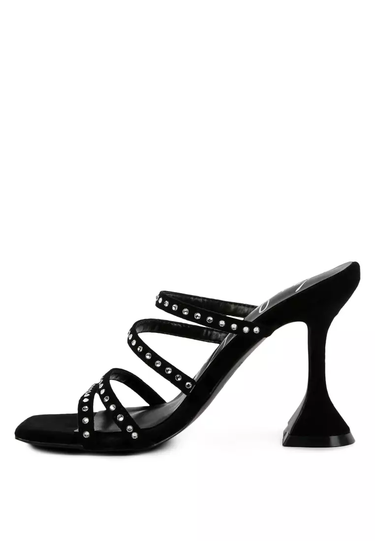 Black Studded Mid Heel Multi Strap Sandals