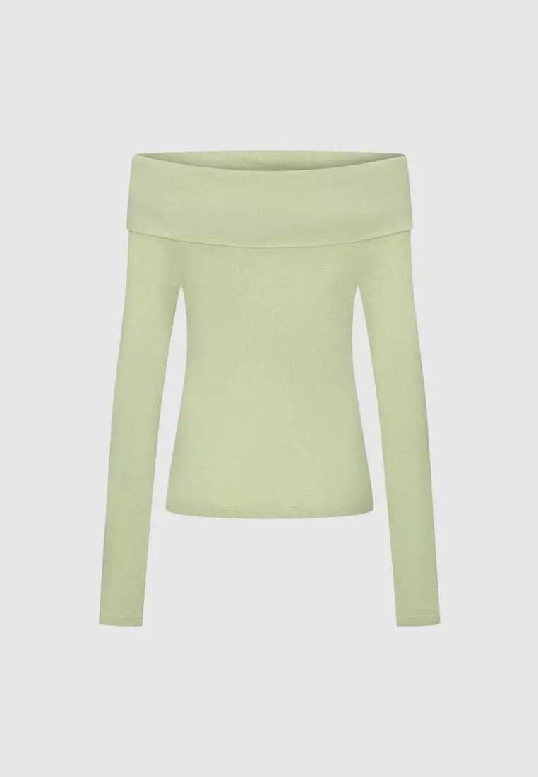 Draped Off-Shoulder Fine Knit Long Sleeve Slim Fit Top