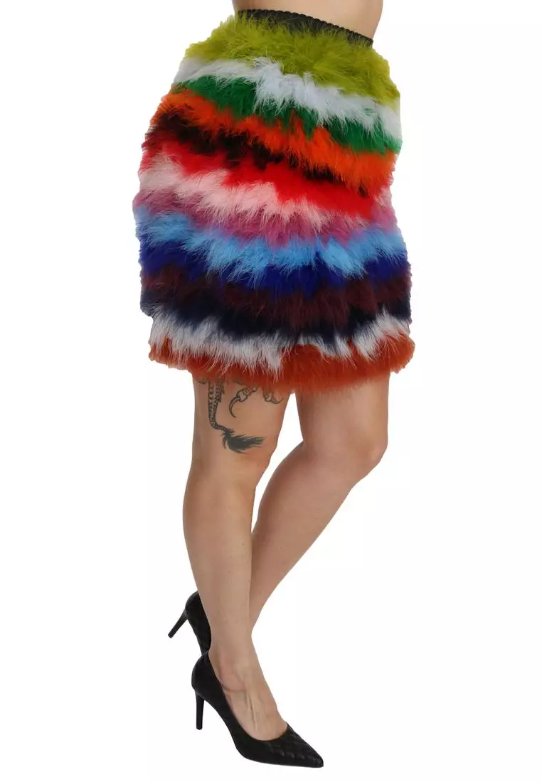 Dolce & Gabbana Red Blue High Waist Mini Feather Skirt